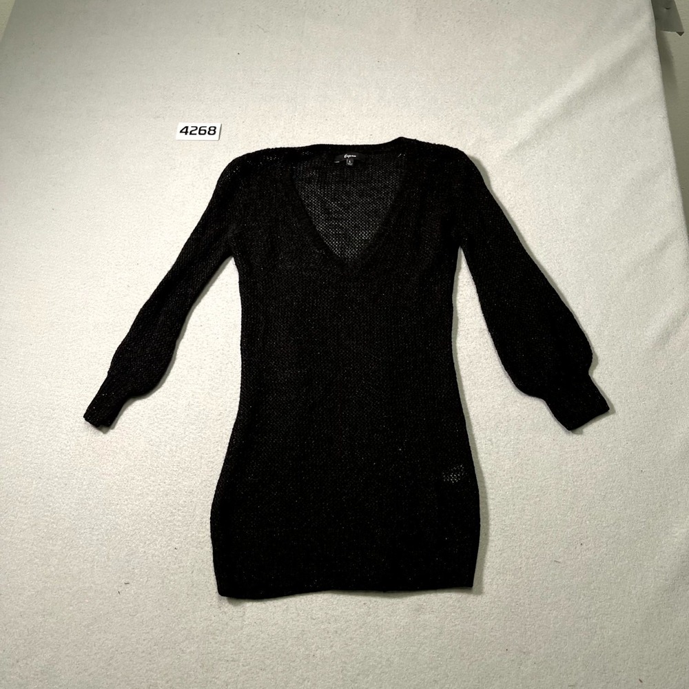 Express Sweater Dress Womens Large Black Open Knit V Neck Puff Sleeve Casual‎